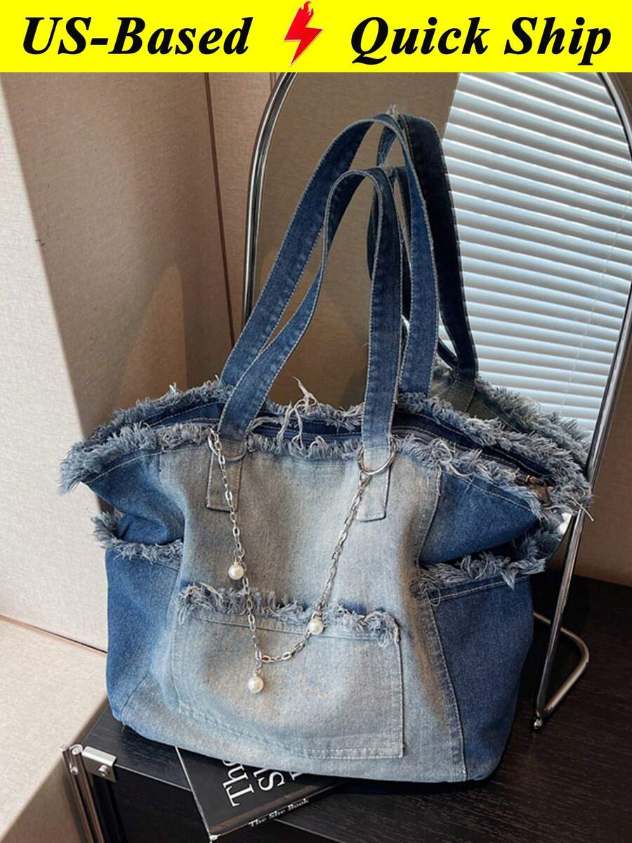 Fashion Street Chain Decorated Jeans Tote Bag Versatile Commuting Large Capacity Shoulder Bag Casual Multi-Pocket Handbag Perfect For Cow Girl