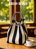 Black And White Striped Canvas Mini Bucket Tote Bag With Metal O-Ring And Plaid Knot Top Handle, A Vacation Bag, A Must-Have For Fashionable Women, Students And Campus People In Spring And Summer, Per