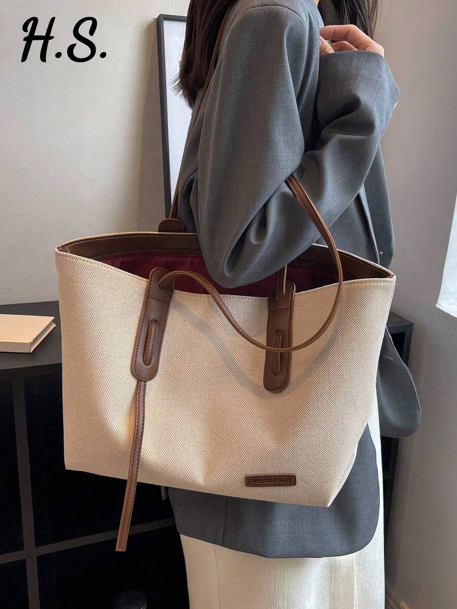 1pc Beige & Brown PU Fabric Fashion Minimalist Large Capacity Colorblock Tote Bag With Zipper Closure, Suitable For Women's Daily Commute, Work, College Student Class, Casual Versatile Shoulder Bag, S