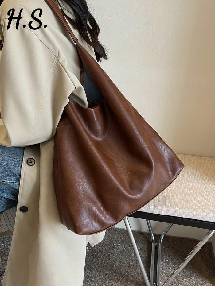 Coffee Brown Vintage Soft PU Tote Bag 2026 New Fashion Large Capacity Soft Bag M