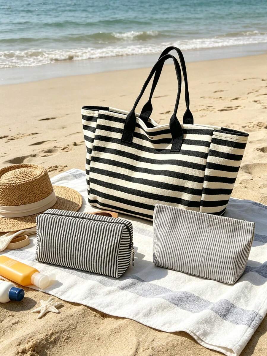 Large Capacity Striped Beach Tote Bag, Fashionable Color Block Design, Foldable Canvas Shoulder Bag, Multi-Functional Travel Bag, Striped Cosmetic Bag Tote Set, Summer Essential, Perfect For Beach Tri