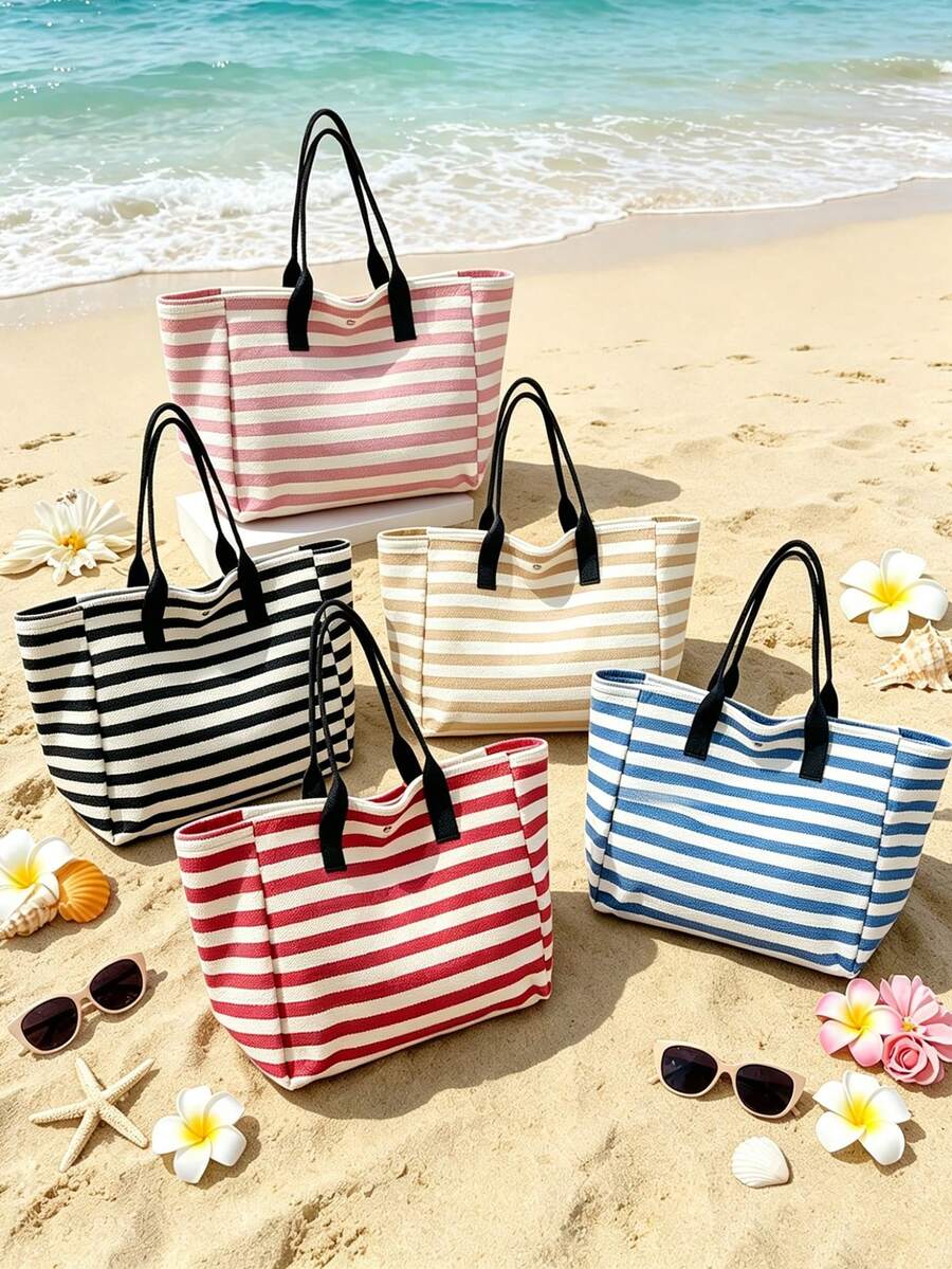 Large Capacity Striped Beach Tote Bag, Fashionable Color Block Design, Foldable Canvas Shoulder Bag, Multi-Functional Travel Bag, Striped Cosmetic Bag Tote Set, Summer Essential, Perfect For Beach Tri