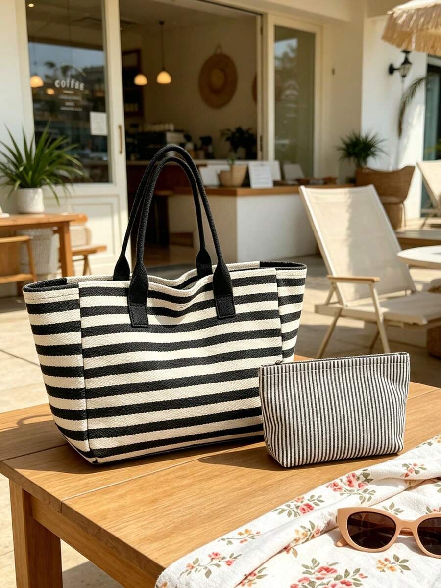 Large Capacity Striped Beach Tote Bag, Fashionable Color Block Design, Foldable Canvas Shoulder Bag, Multi-Functional Travel Bag, Striped Cosmetic Bag Tote Set, Summer Essential, Perfect For Beach Tri