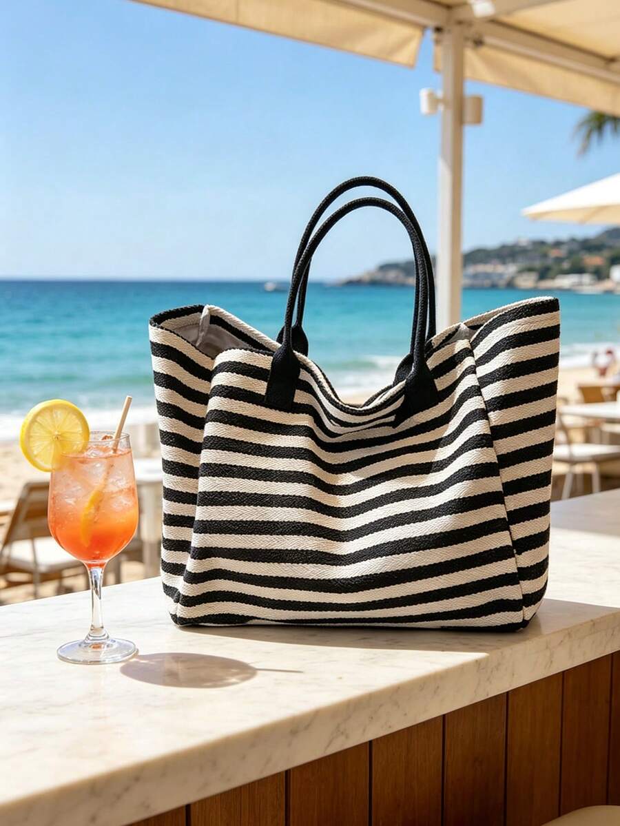 Large Capacity Striped Beach Tote Bag, Fashionable Color Block Design, Foldable Canvas Shoulder Bag, Multi-Functional Travel Bag, Striped Cosmetic Bag Tote Set, Summer Essential, Perfect For Beach Tri