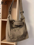 Casual Retro Thick Washed Canvas Tote Bag, Large Capacity Foldable Handbag