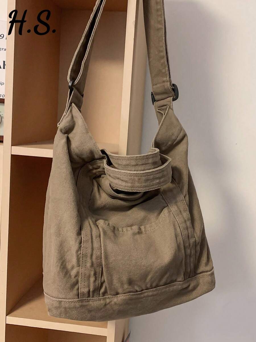 Casual Retro Thick Washed Canvas Tote Bag, Large Capacity Foldable Handbag, Shoulder Bag Suitable For Daily Use, College/University Student