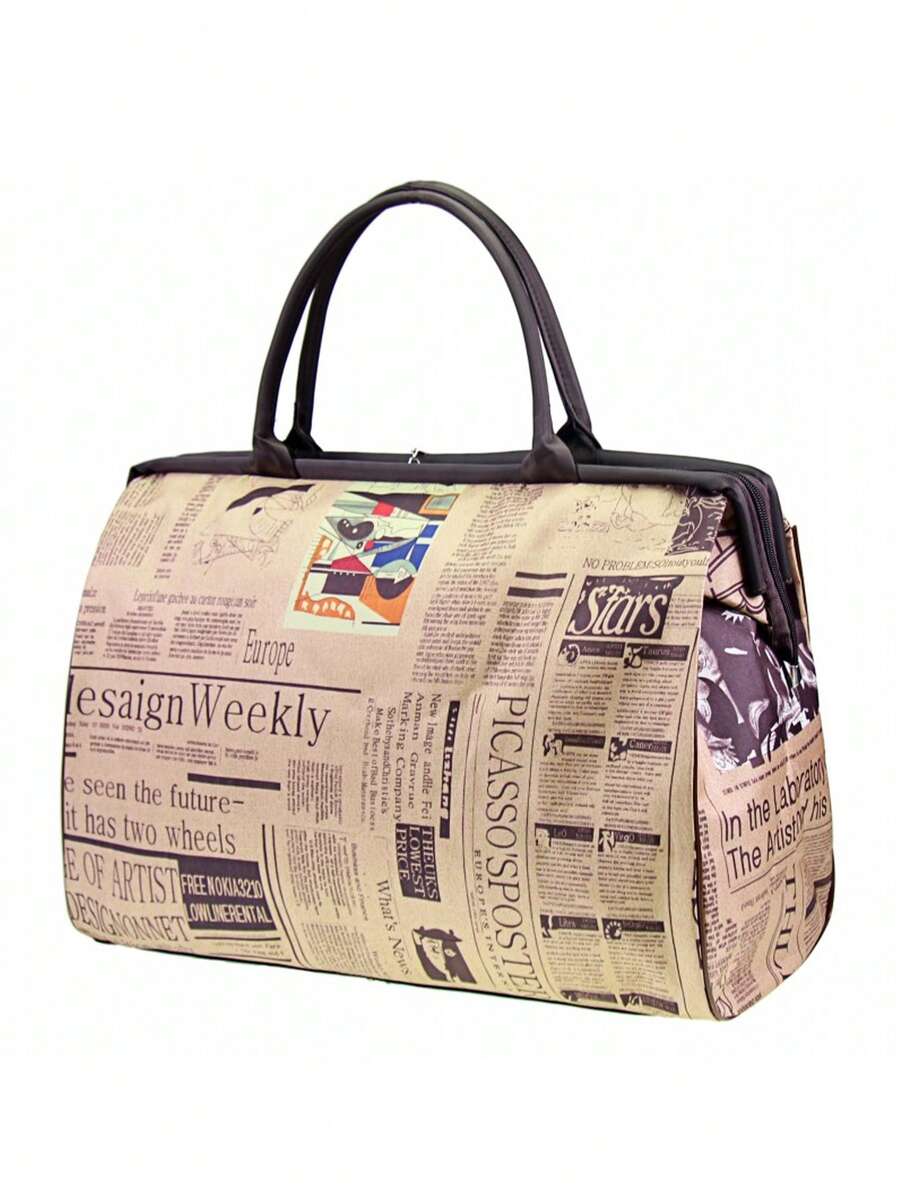 Retro Newspaper Print Women's Tote Bag Handbag Large Capacity Travel Organizer Storage Bag Waterproof Student Luggage Bag- Zipper Closure