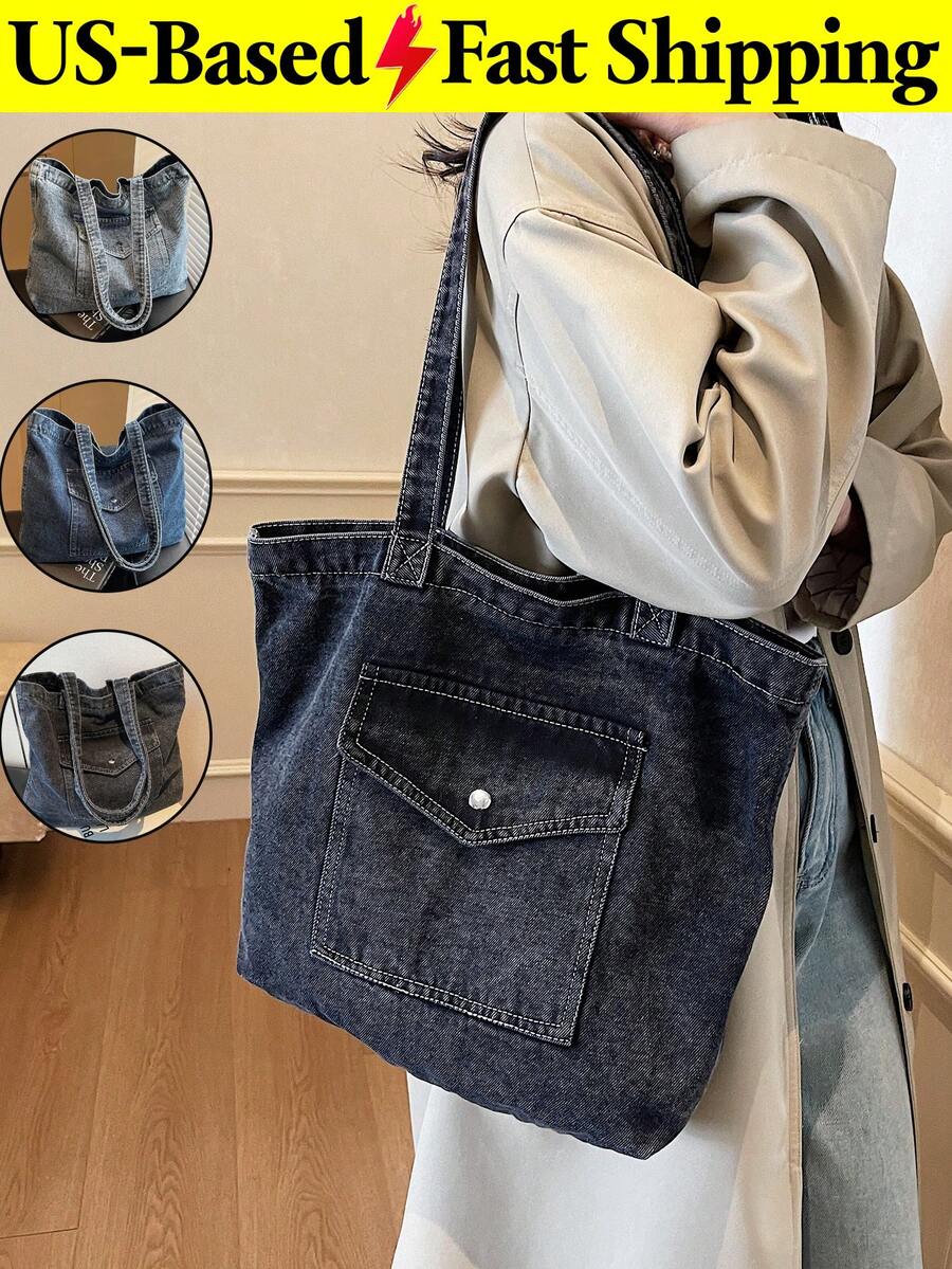 Vintage Distressed Denim Tote Bag For Women Casual Shoulder Bag Black Purse Spacious Handbag For Cow Girl Travel Essential Back To School Outfits