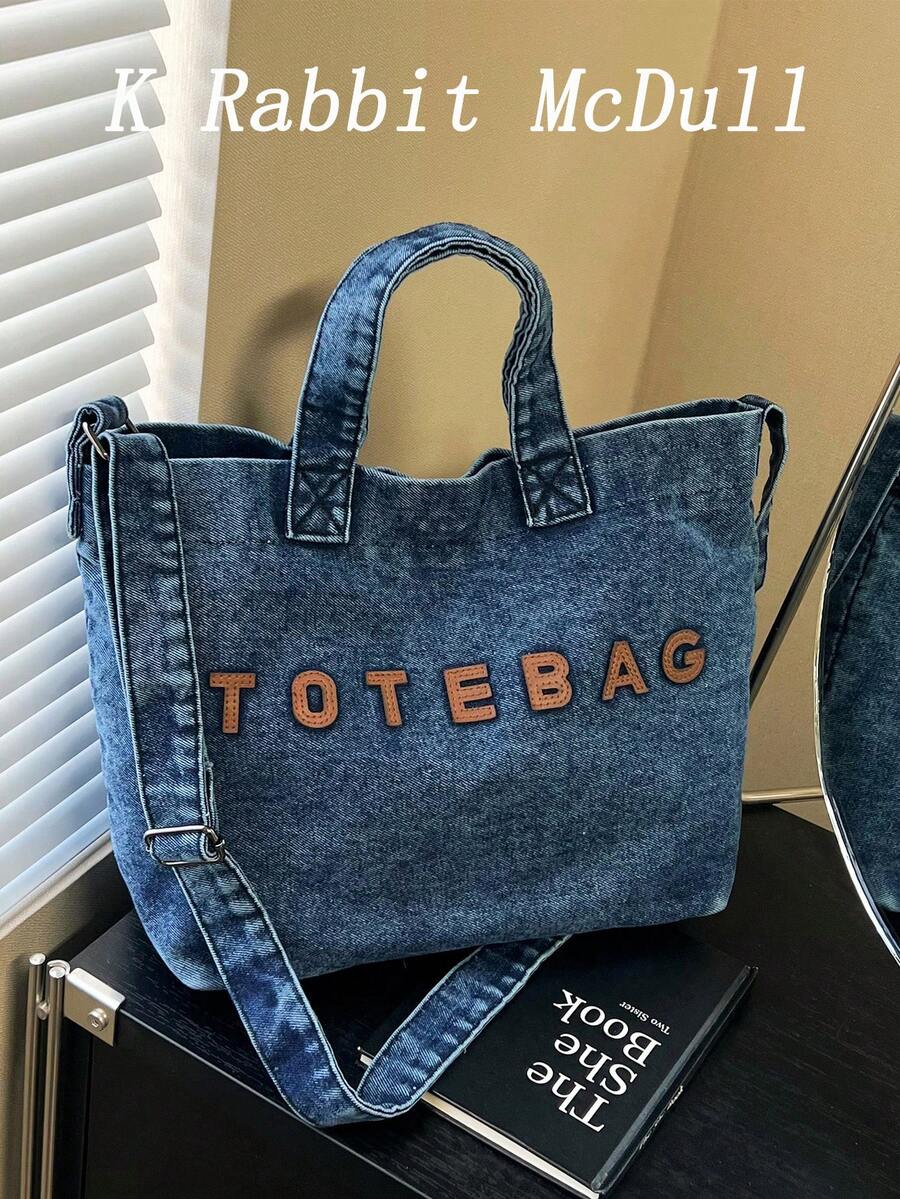 New Casual Chic Washed Jeans Tote Bag: Fashionable Letter-Embellished Handbag-Versatile, Spacious Shoulder Bag Perfect For Work, Commuting, Shopping, Travel, And School