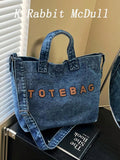 New Casual Chic Washed Jeans Tote Bag: Fashionable Letter-Embellished Handbag-Versatile, Spacious Shoulder Bag Perfect For Work, Commuting, Shopping, Travel, And School