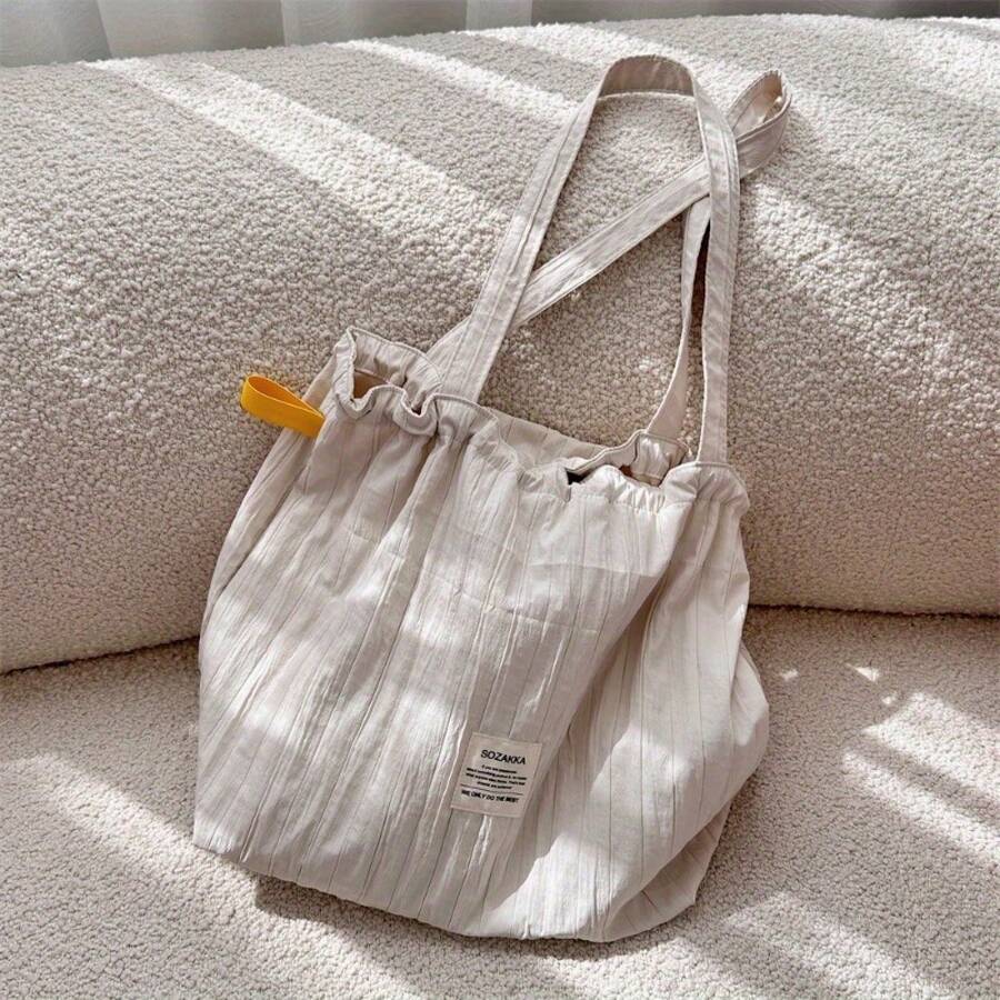 Fashionable And Fresh New Striped Drawstring Shoulder Bag, Casual Style Tote Bag, Large-Capacity Commuter Bag, Student School Bag