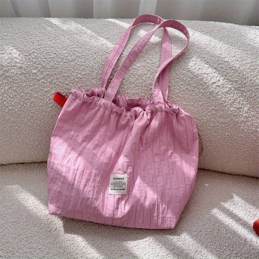 Fashionable And Fresh New Striped Drawstring Shoulder Bag, Casual Style Tote Bag, Large-Capacity Commuter Bag, Student School Bag