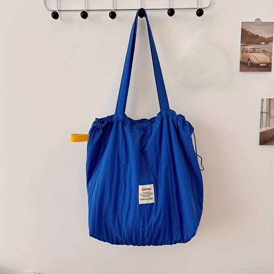 Fashionable And Fresh New Striped Drawstring Shoulder Bag, Casual Style Tote Bag, Large-Capacity Commuter Bag, Student School Bag
