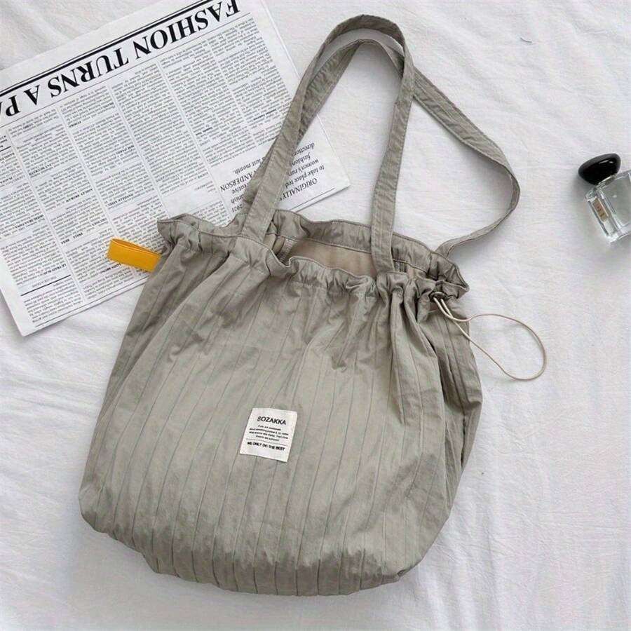 Fashionable And Fresh New Striped Drawstring Shoulder Bag, Casual Style Tote Bag, Large-Capacity Commuter Bag, Student School Bag