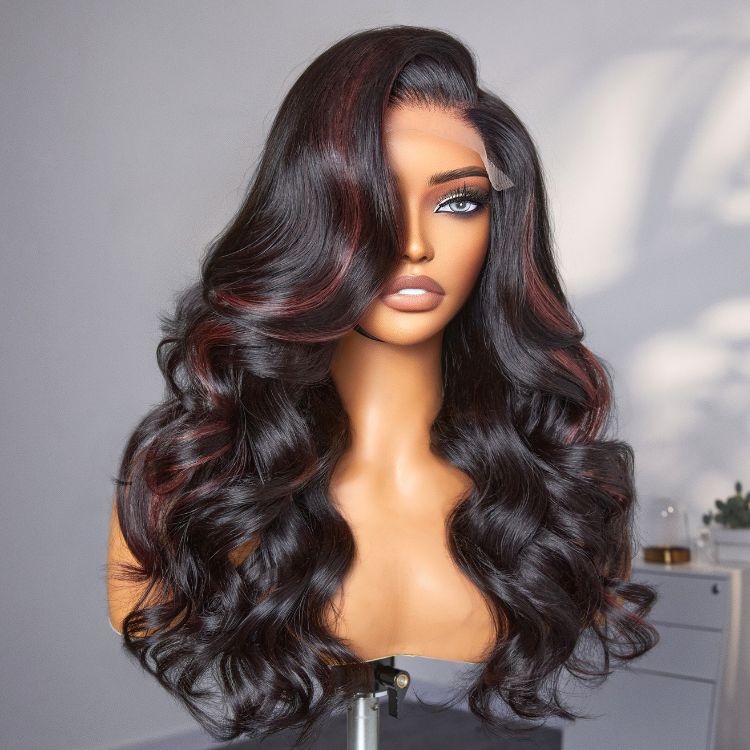 Dark Red Highlights C Part Loose Wave Glueless 5x5 Closure Lace Wig Ready to Go - US Only