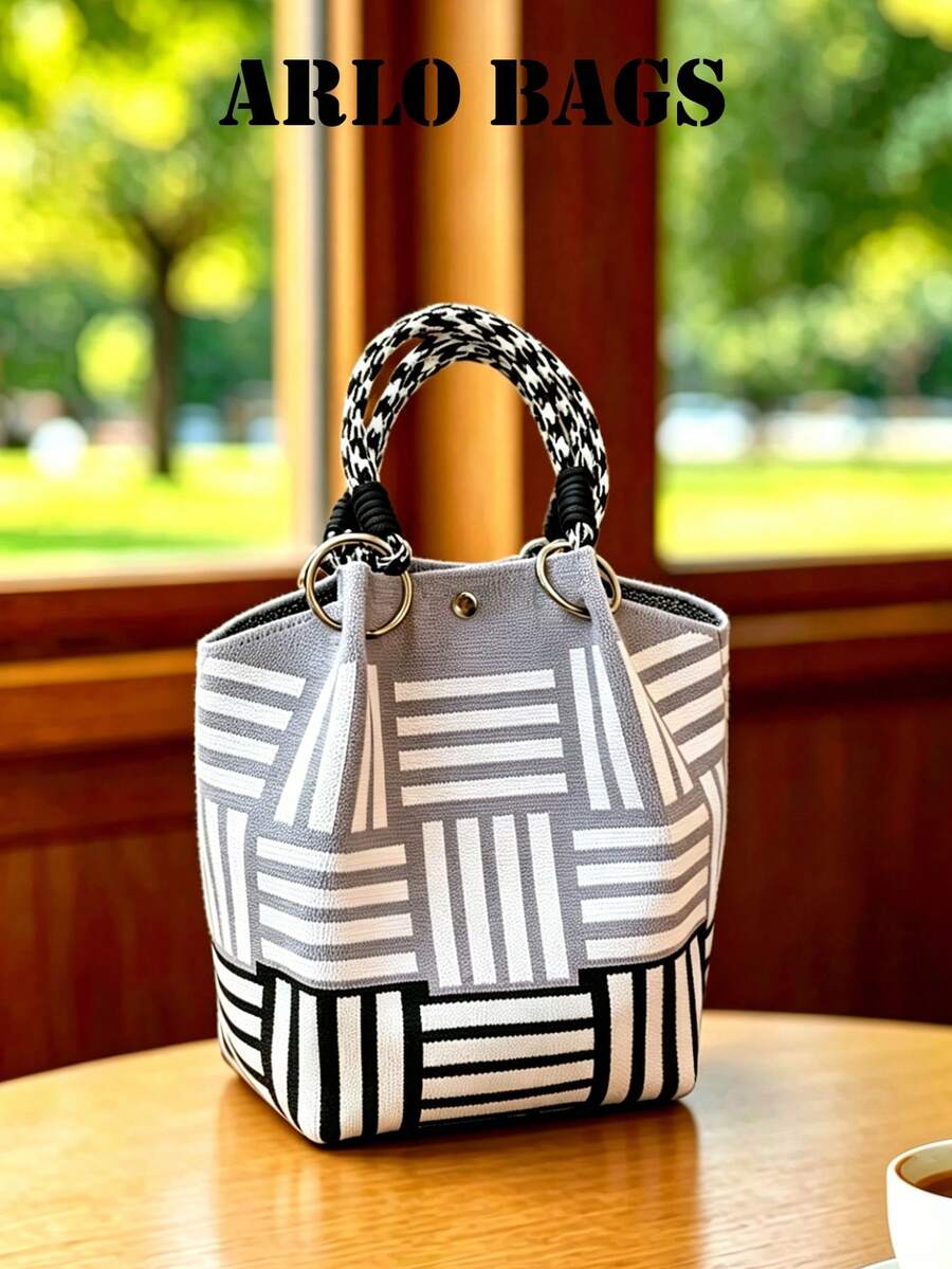 This Canvas Tote Bag Features A Grey And Black Color-Block Design, An Elegant Bucket Bag Style, And A Multifunctional Canvas Body With Unique