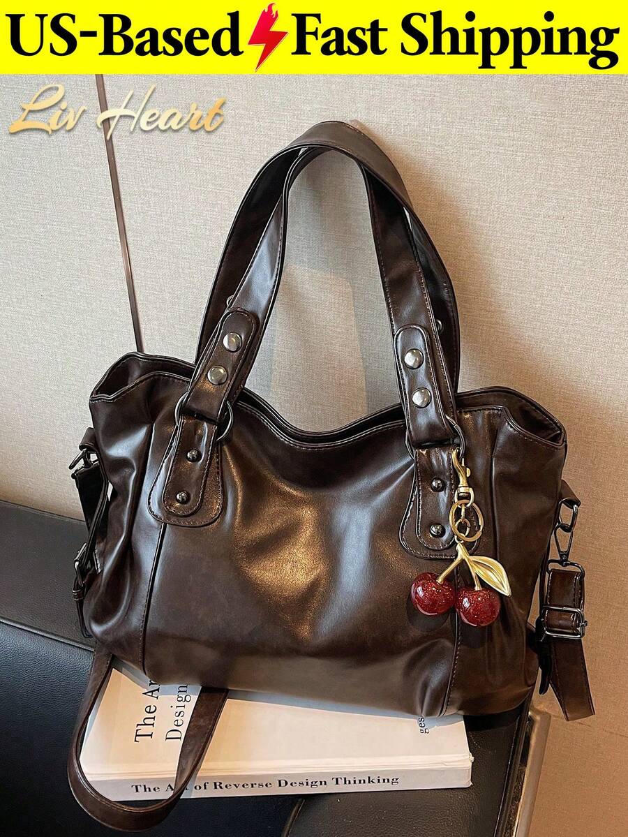 Vintage Tote Bag With Removable Cherry Charm Multi Pocket Slouchy Aesthetic Soft Brown Shoulder Bag For Chic Women And College Girl Functional Durable