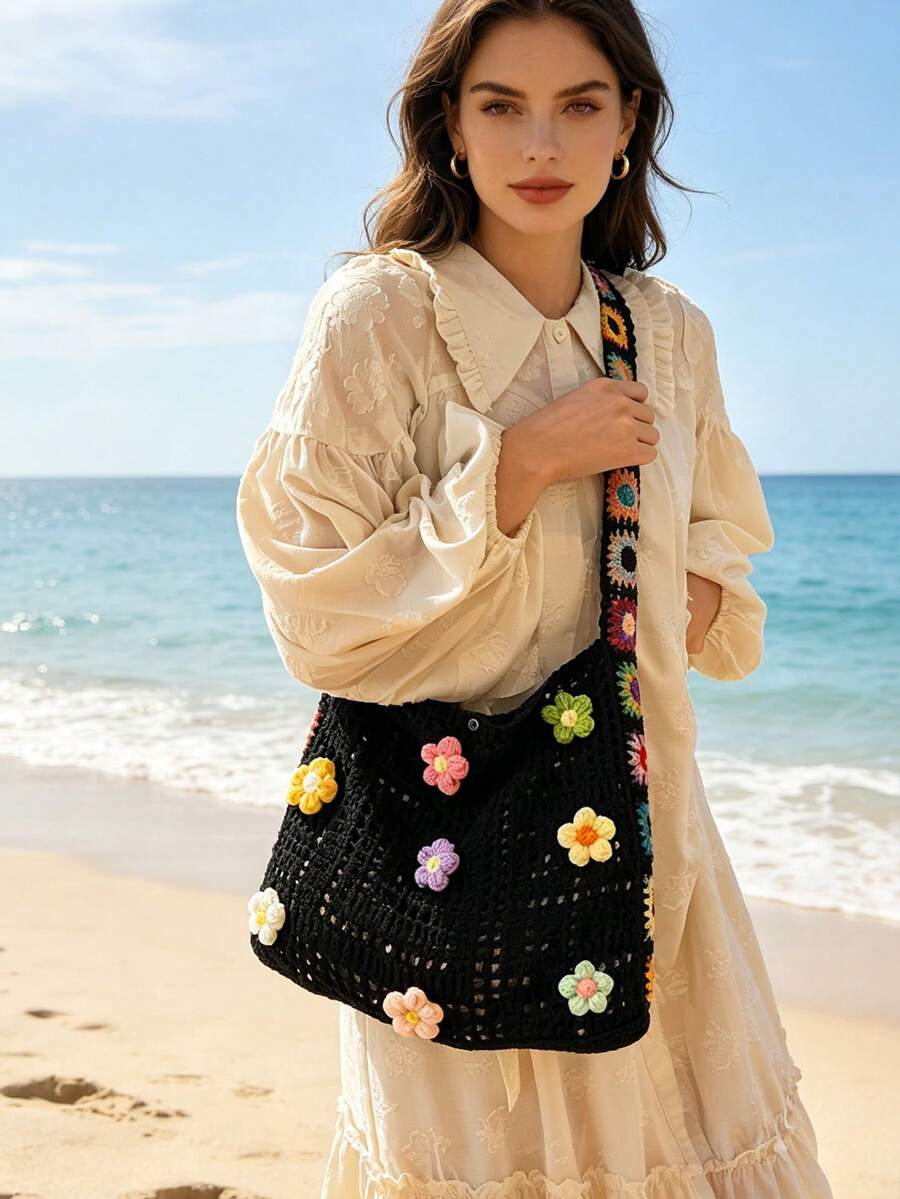Boho Crochet Beach Bag For Women Large-Capacity Crochet Shoulder Bag Retro Tote Bag Handbag Crossbody Bag For Parties Shopping And Travel Essential