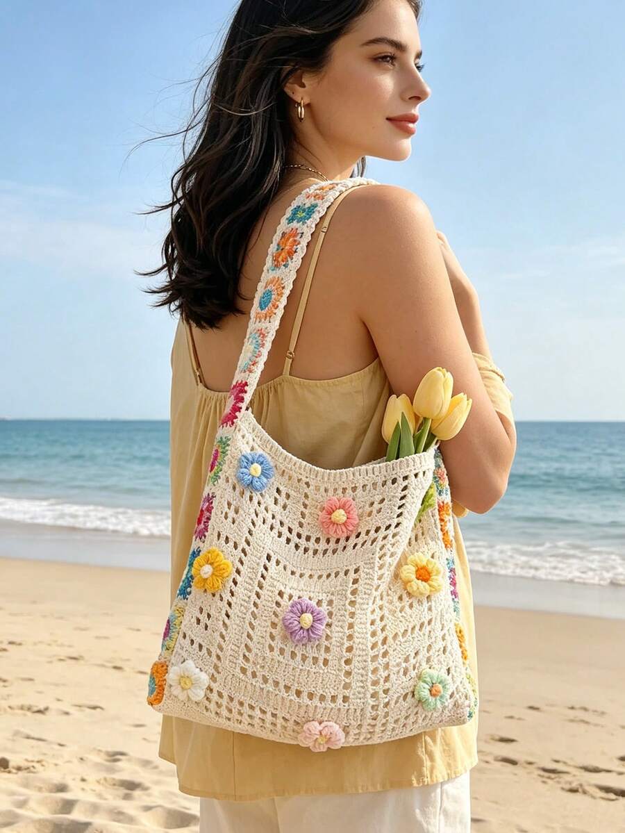 Boho Crochet Beach Bag For Women Large-Capacity Crochet Shoulder Bag Retro Tote Bag Handbag Crossbody Bag For Parties Shopping And Travel Essential