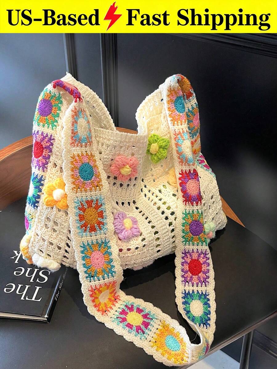 Boho Crochet Beach Bag For Women Large-Capacity Crochet Shoulder Bag Retro Tote Bag Handbag Crossbody Bag For Parties Shopping And Travel Essential