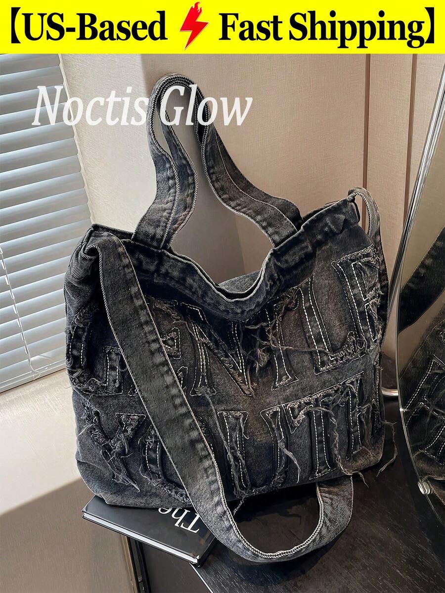 Large Capacity Casual Tote Bag With Letter Patchwork Embroidery Thread Tassel Back To School Backpack Lightweight Suitable For Teen Girls Y2k Bag