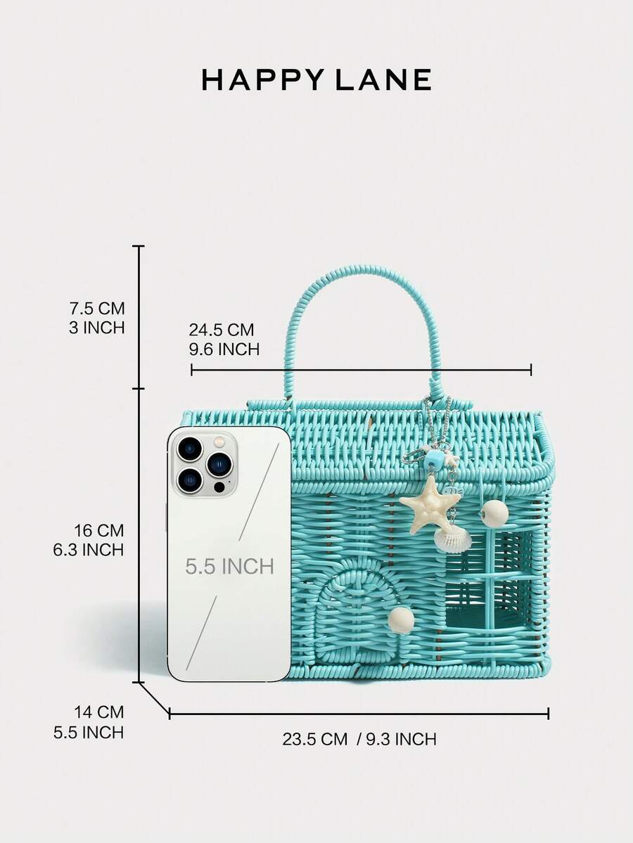 HAPPY LANE Woven Tote Bag, Mint Blue House Design, Hollowed-Out Shoulder Bag, Beach Bag, Cute Cartoon Shoulder Bag, Casual And Versatile Women's Bag