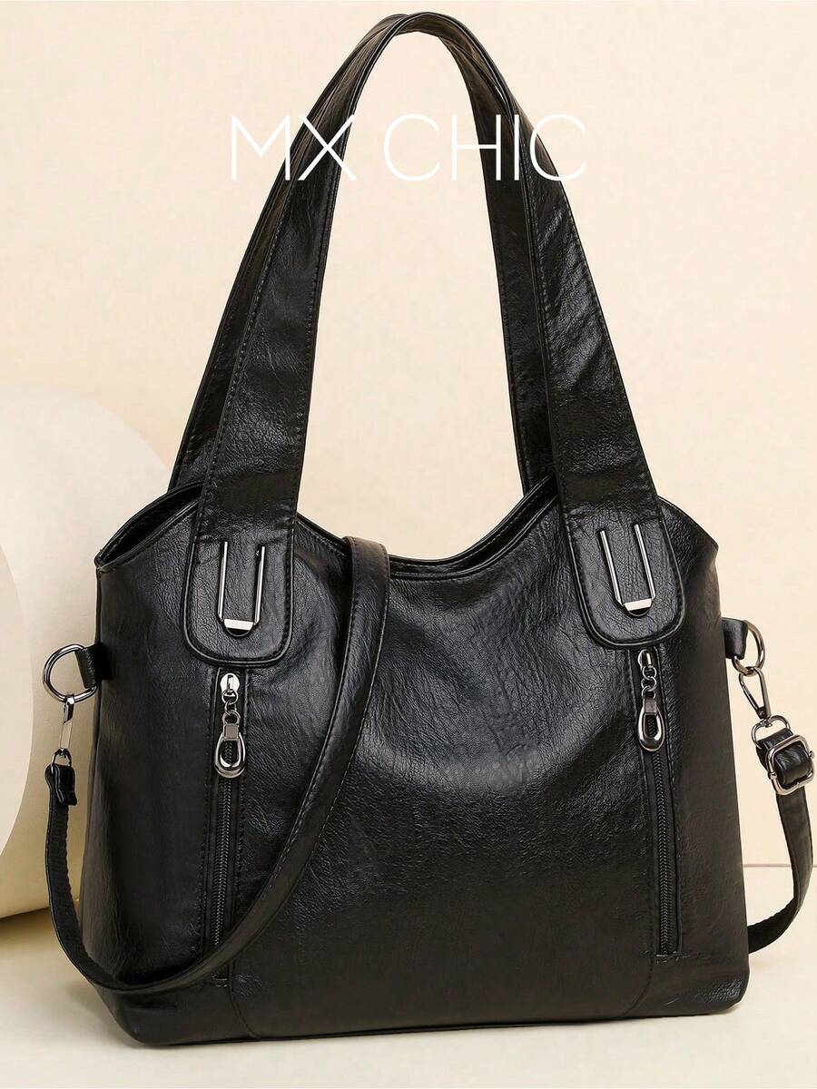 Solid Color Leather Handbag, Vintage PU Crossbody Sling Bag With Front And Back Zipper Pockets, High Capacity Women Shoulder Bag For Daily Commute, New Arrival Tote Bags For Woman