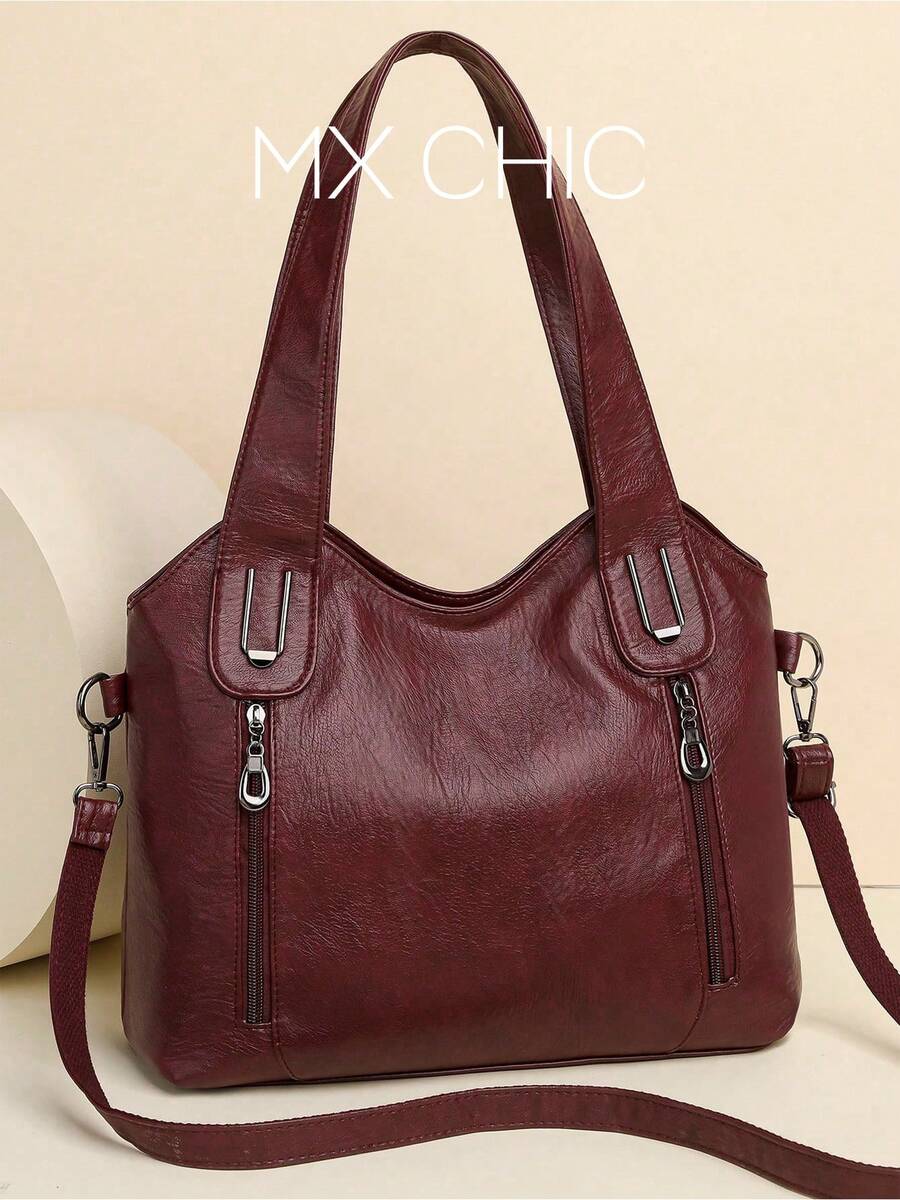 Solid Color Leather Handbag, Vintage PU Crossbody Sling Bag With Front And Back Zipper Pockets, High Capacity Women Shoulder Bag For Daily Commute, New Arrival Tote Bags For Woman