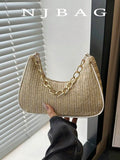 Fashion Solid Color Metal Chain Straw Crescent Women's Multi-Use Handbag Tote Ba