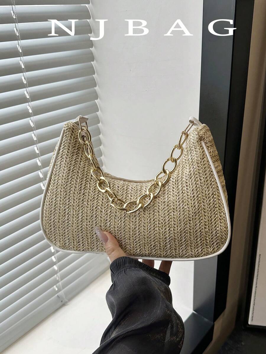 Fashion Solid Color Metal Chain Straw Crescent Women's Multi-Use Handbag Tote Bag Vacation Bag Beach Bag Casual Straw Bag Phone Bag
