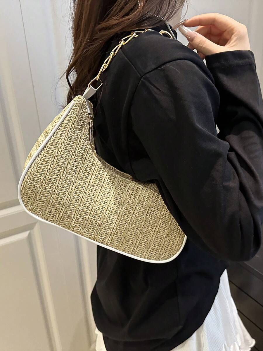 Fashion Solid Color Metal Chain Straw Crescent Women's Multi-Use Handbag Tote Bag Vacation Bag Beach Bag Casual Straw Bag Phone Bag