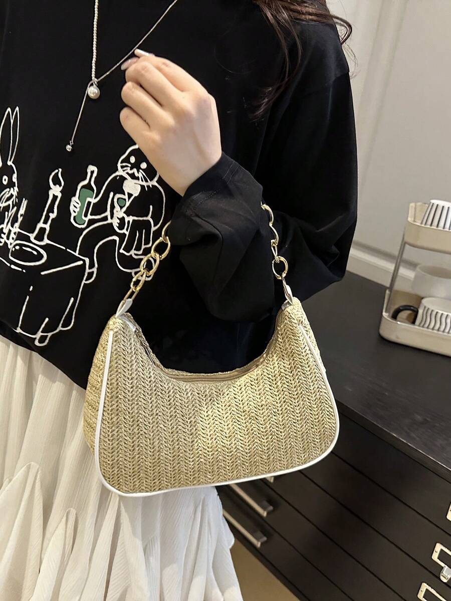 Fashion Solid Color Metal Chain Straw Crescent Women's Multi-Use Handbag Tote Bag Vacation Bag Beach Bag Casual Straw Bag Phone Bag