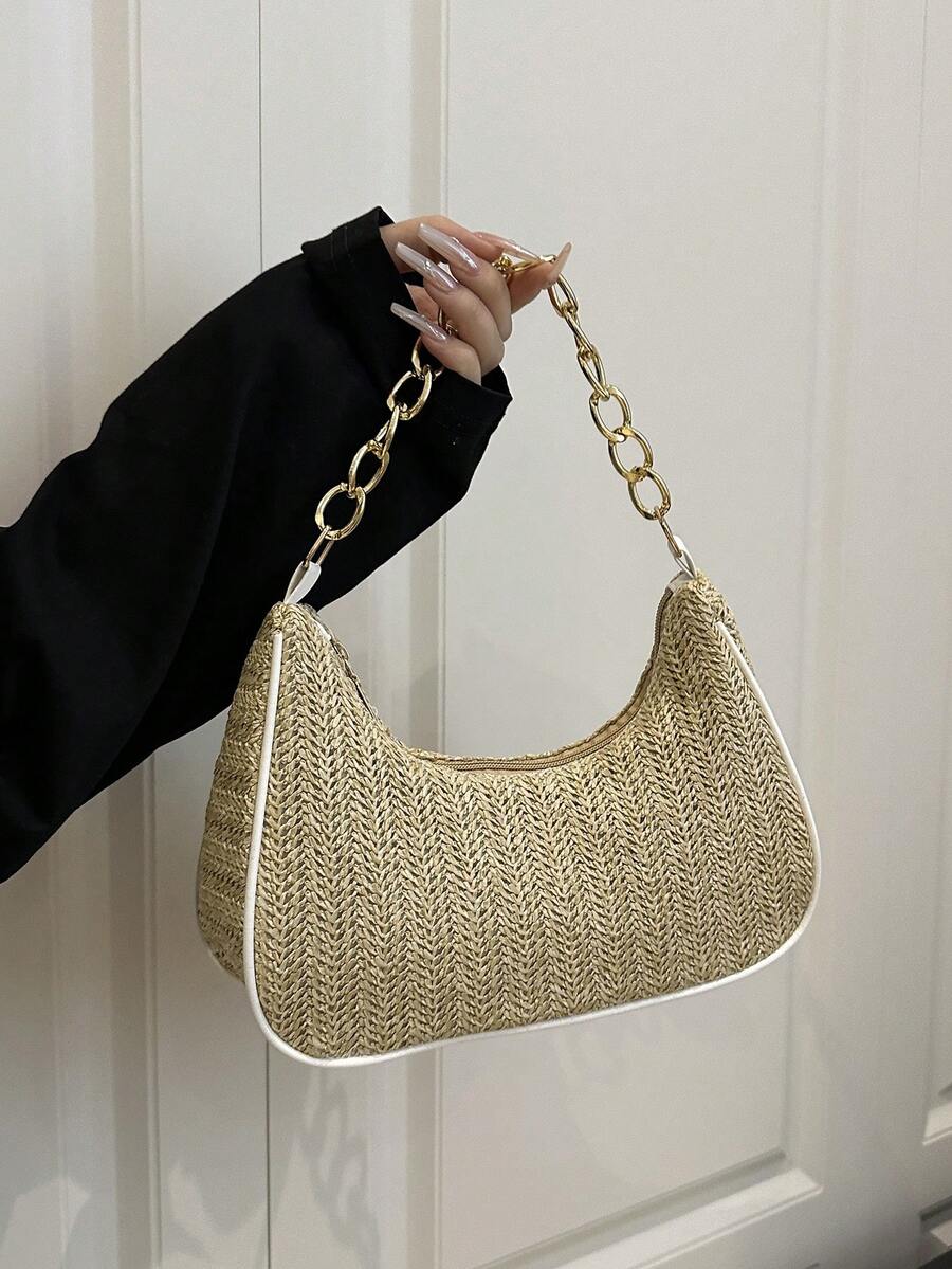 Fashion Solid Color Metal Chain Straw Crescent Women's Multi-Use Handbag Tote Bag Vacation Bag Beach Bag Casual Straw Bag Phone Bag