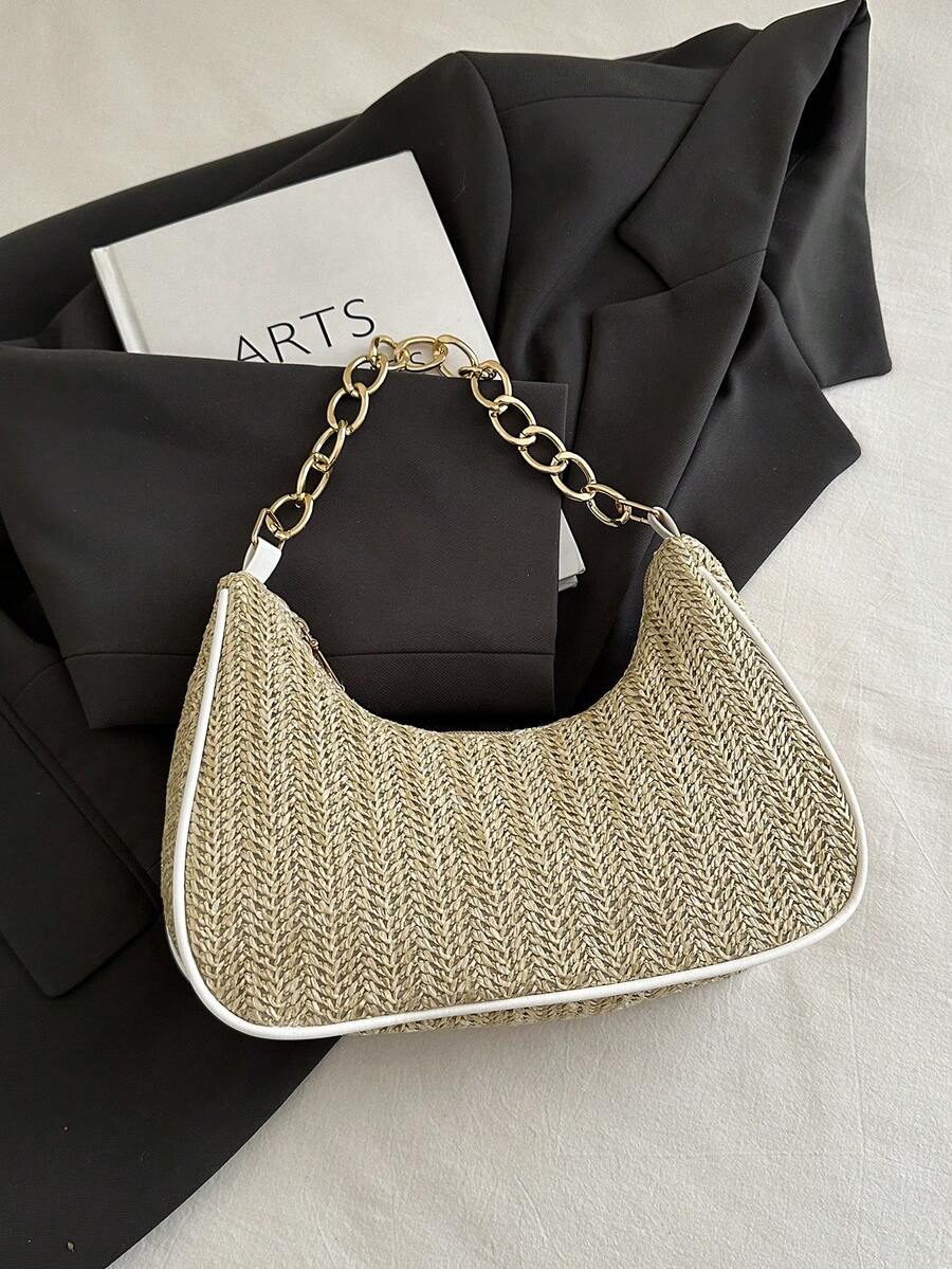 Fashion Solid Color Metal Chain Straw Crescent Women's Multi-Use Handbag Tote Bag Vacation Bag Beach Bag Casual Straw Bag Phone Bag