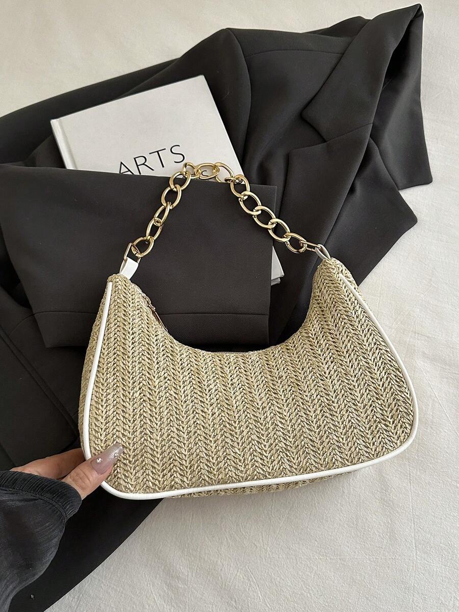 Fashion Solid Color Metal Chain Straw Crescent Women's Multi-Use Handbag Tote Bag Vacation Bag Beach Bag Casual Straw Bag Phone Bag