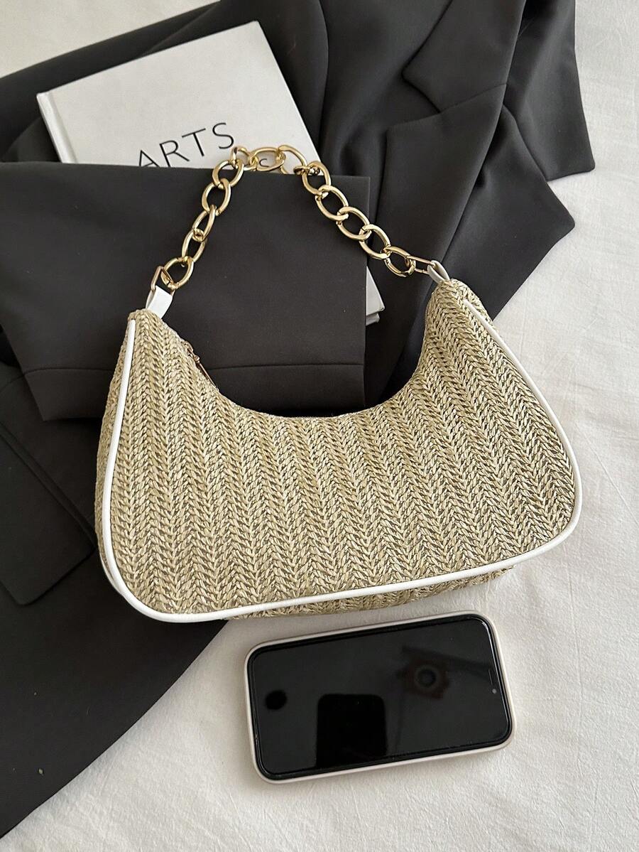 Fashion Solid Color Metal Chain Straw Crescent Women's Multi-Use Handbag Tote Bag Vacation Bag Beach Bag Casual Straw Bag Phone Bag