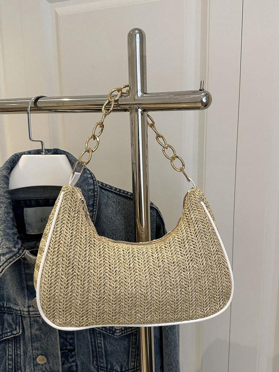 Fashion Solid Color Metal Chain Straw Crescent Women's Multi-Use Handbag Tote Bag Vacation Bag Beach Bag Casual Straw Bag Phone Bag