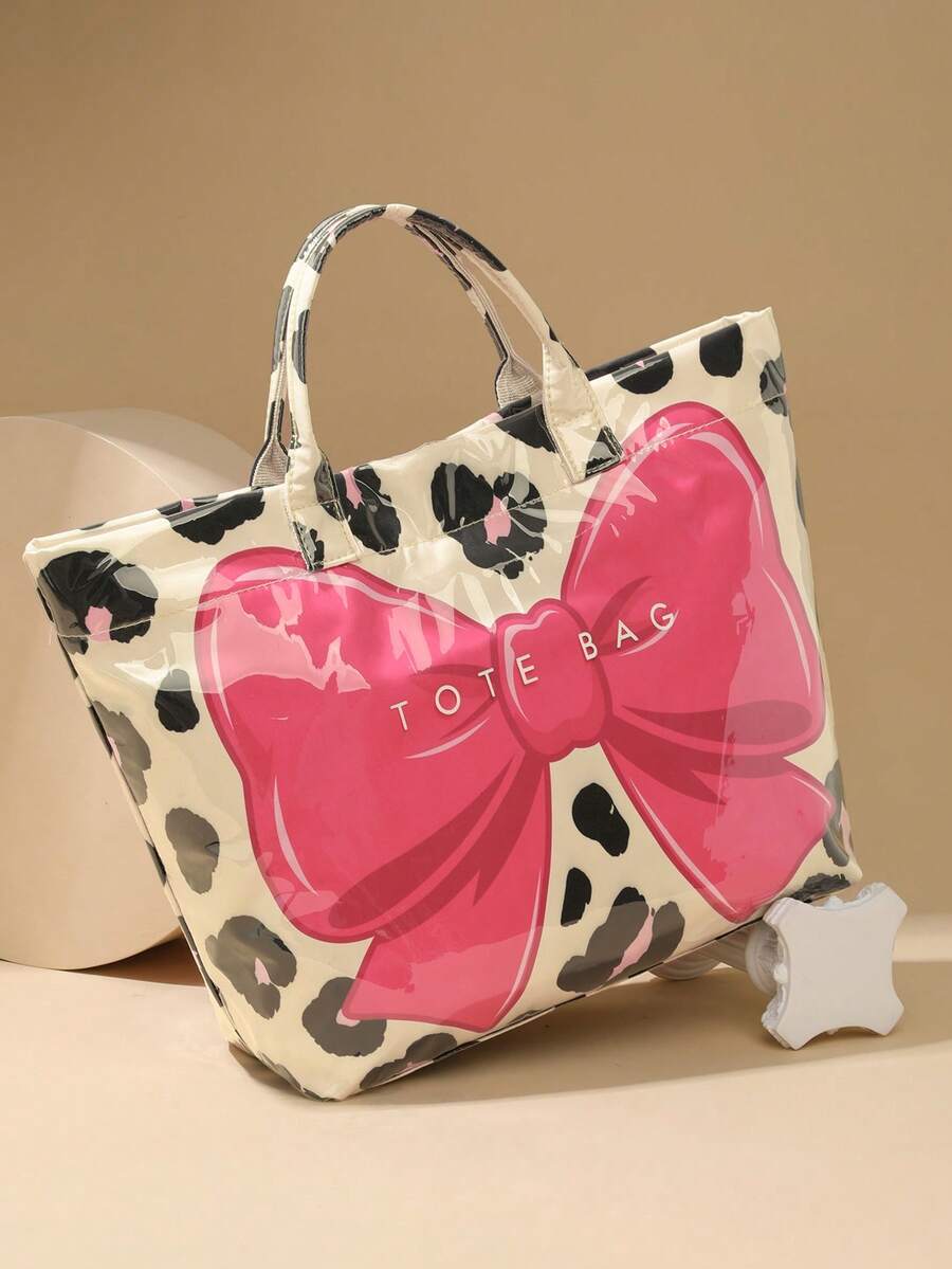Fashionable New Women's Tote Bag, Bow Leopard Print Design, Transparent Material Shoulder Bag With Portable Fixed Strap, Large Capacity Underarm Bag