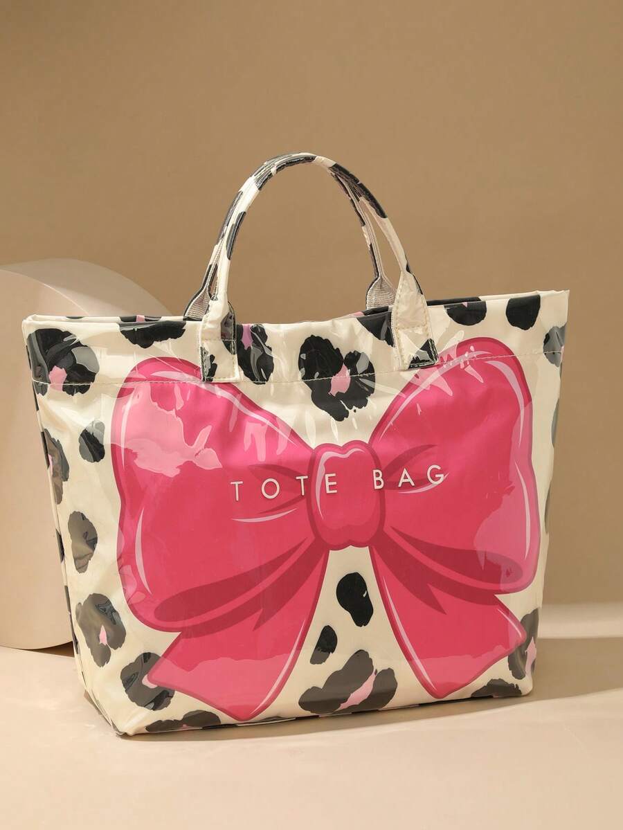 Fashionable New Women's Tote Bag, Bow Leopard Print Design, Transparent Material Shoulder Bag With Portable Fixed Strap, Large Capacity Underarm Bag