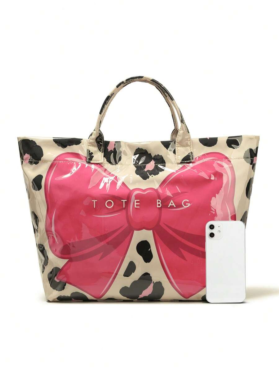 Fashionable New Women's Tote Bag, Bow Leopard Print Design, Transparent Material Shoulder Bag With Portable Fixed Strap, Large Capacity Underarm Bag