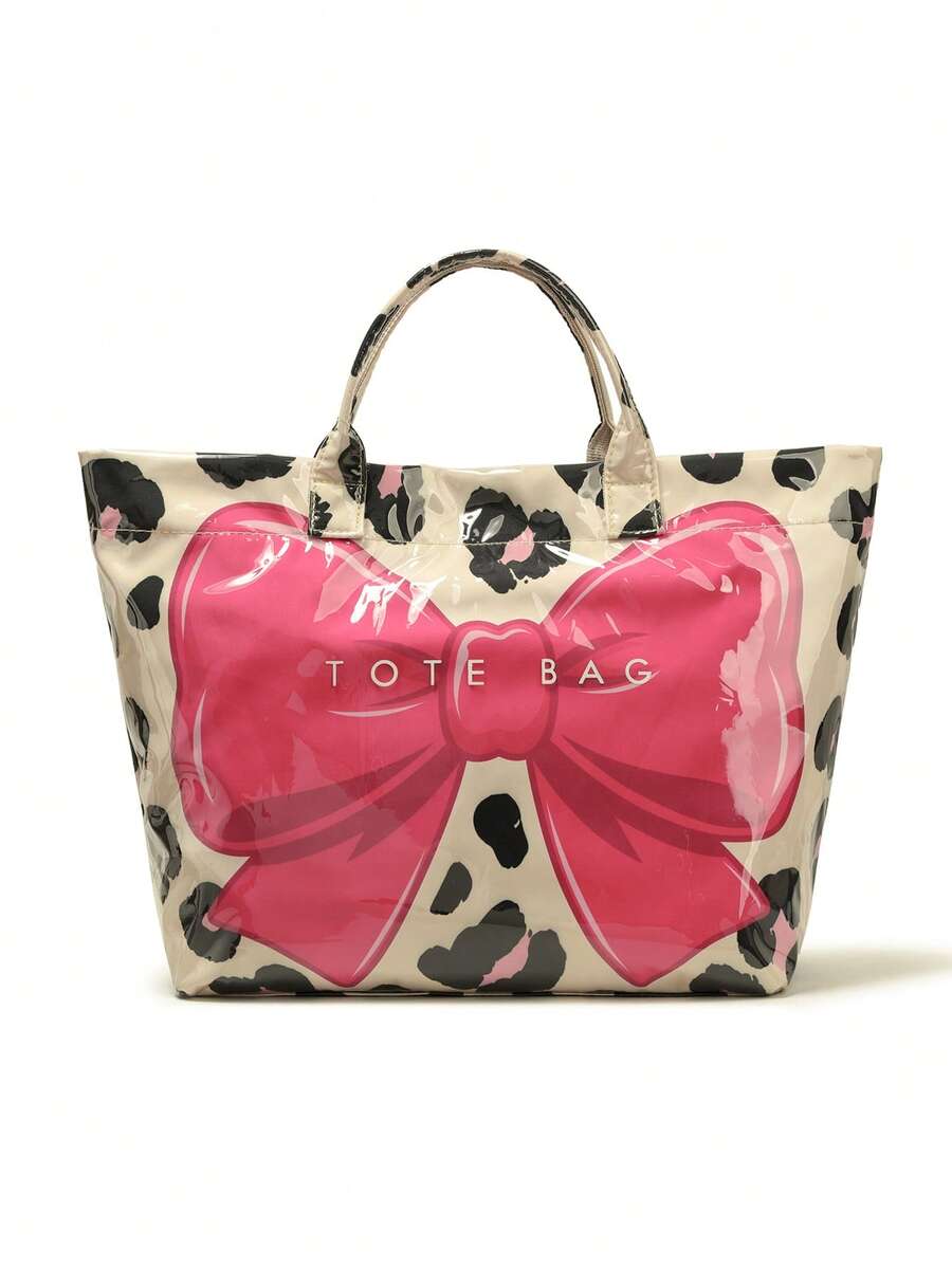 Fashionable New Women's Tote Bag, Bow Leopard Print Design, Transparent Material Shoulder Bag With Portable Fixed Strap, Large Capacity Underarm Bag