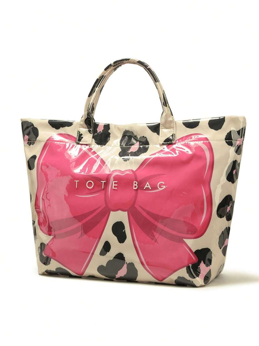 Fashionable New Women's Tote Bag, Bow Leopard Print Design, Transparent Material Shoulder Bag With Portable Fixed Strap, Large Capacity Underarm Bag