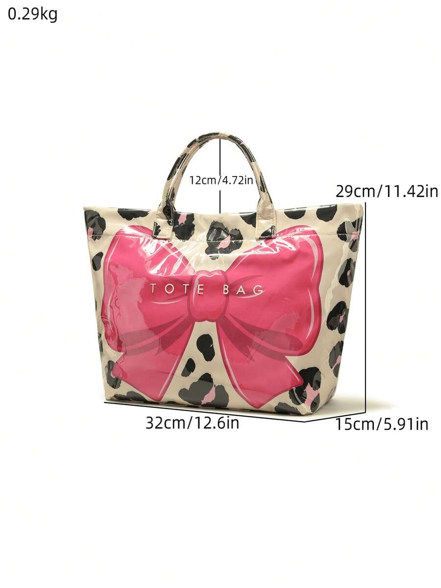 Fashionable New Women's Tote Bag, Bow Leopard Print Design, Transparent Material Shoulder Bag With Portable Fixed Strap, Large Capacity Underarm Bag