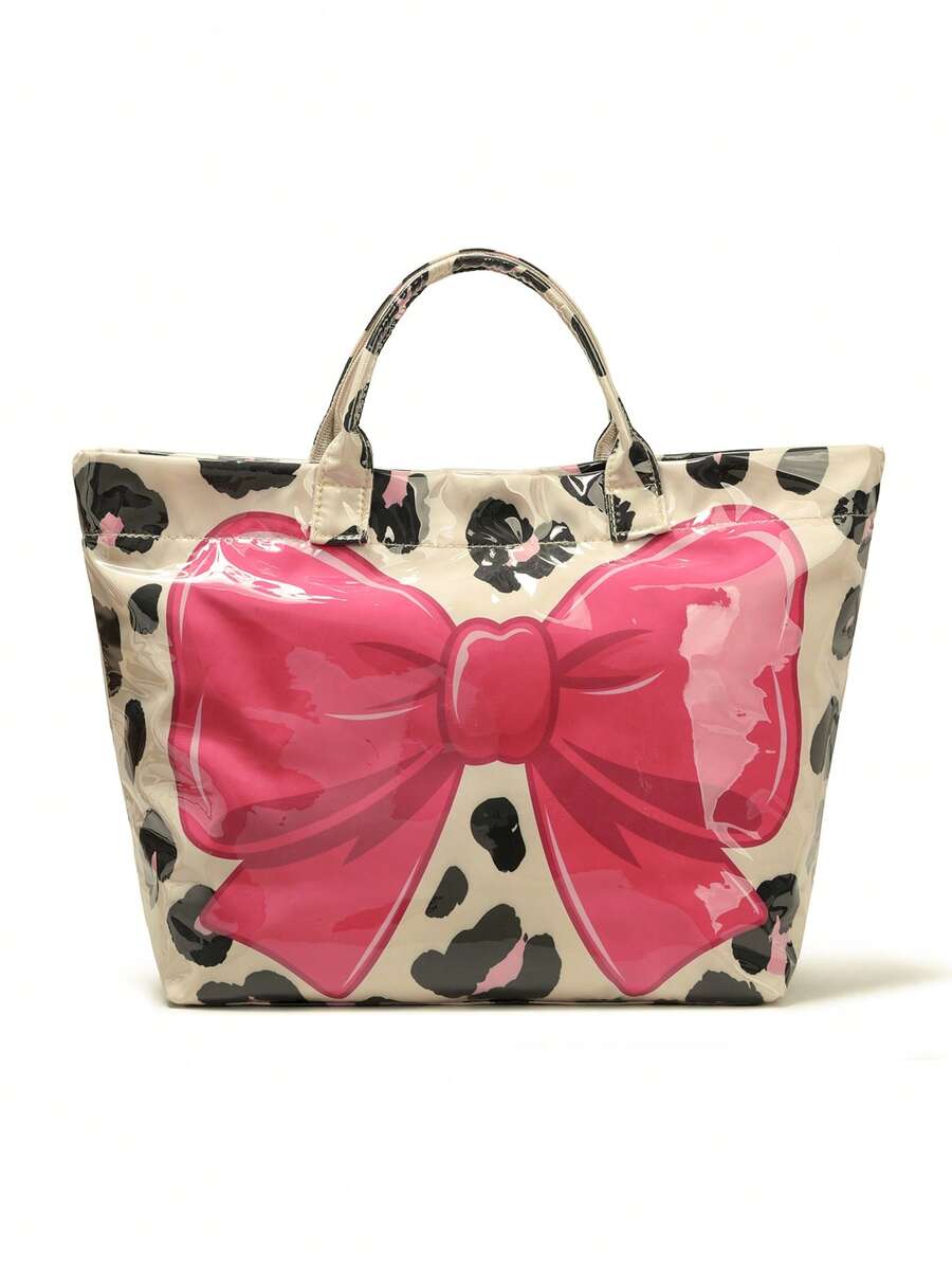 Fashionable New Women's Tote Bag, Bow Leopard Print Design, Transparent Material Shoulder Bag With Portable Fixed Strap, Large Capacity Underarm Bag