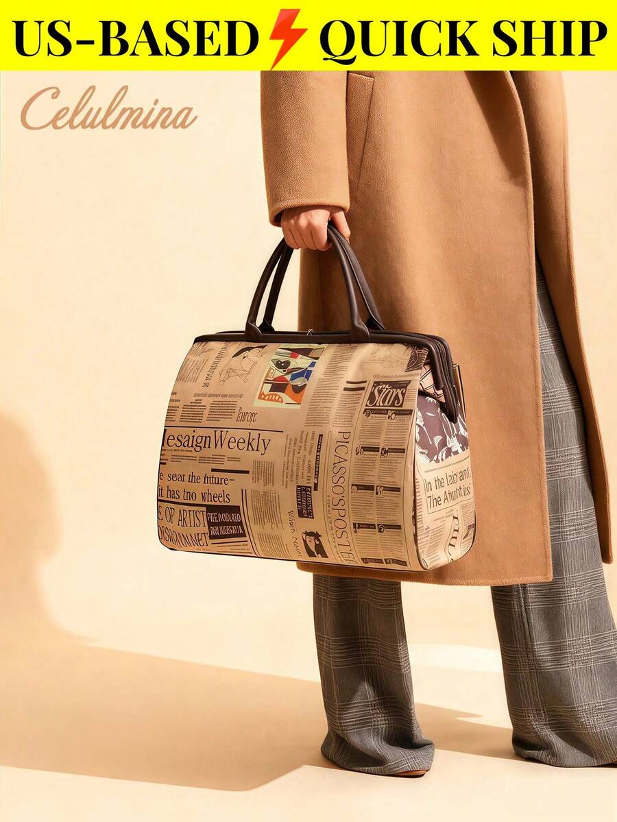 Ladies' Vintage Newspaper Print Canvas Handbag Elegant Tote Bag Large Purses Beach Bag For Everyday Back To School Travel Essential Birthday Gift
