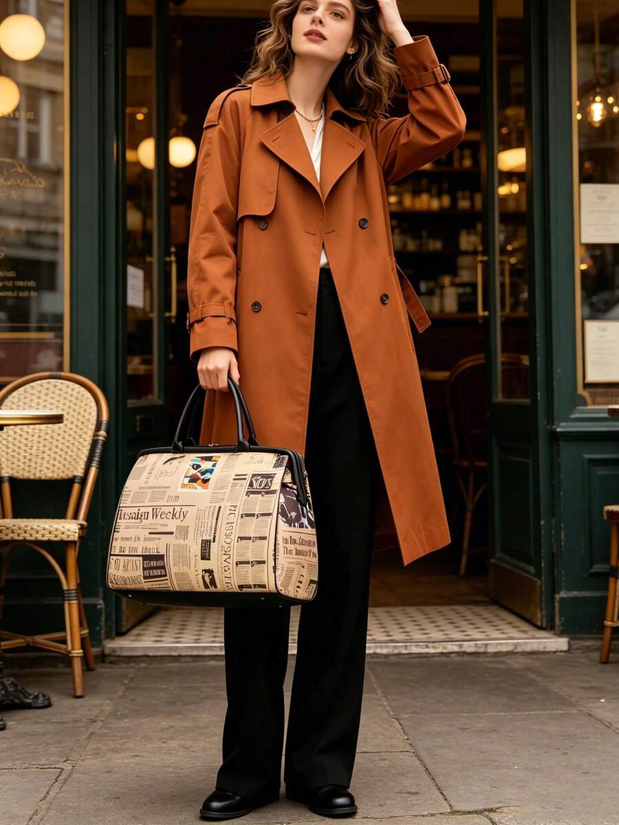 Ladies' Vintage Newspaper Print Canvas Handbag Elegant Tote Bag Large Purses Beach Bag For Everyday Back To School Travel Essential Birthday Gift