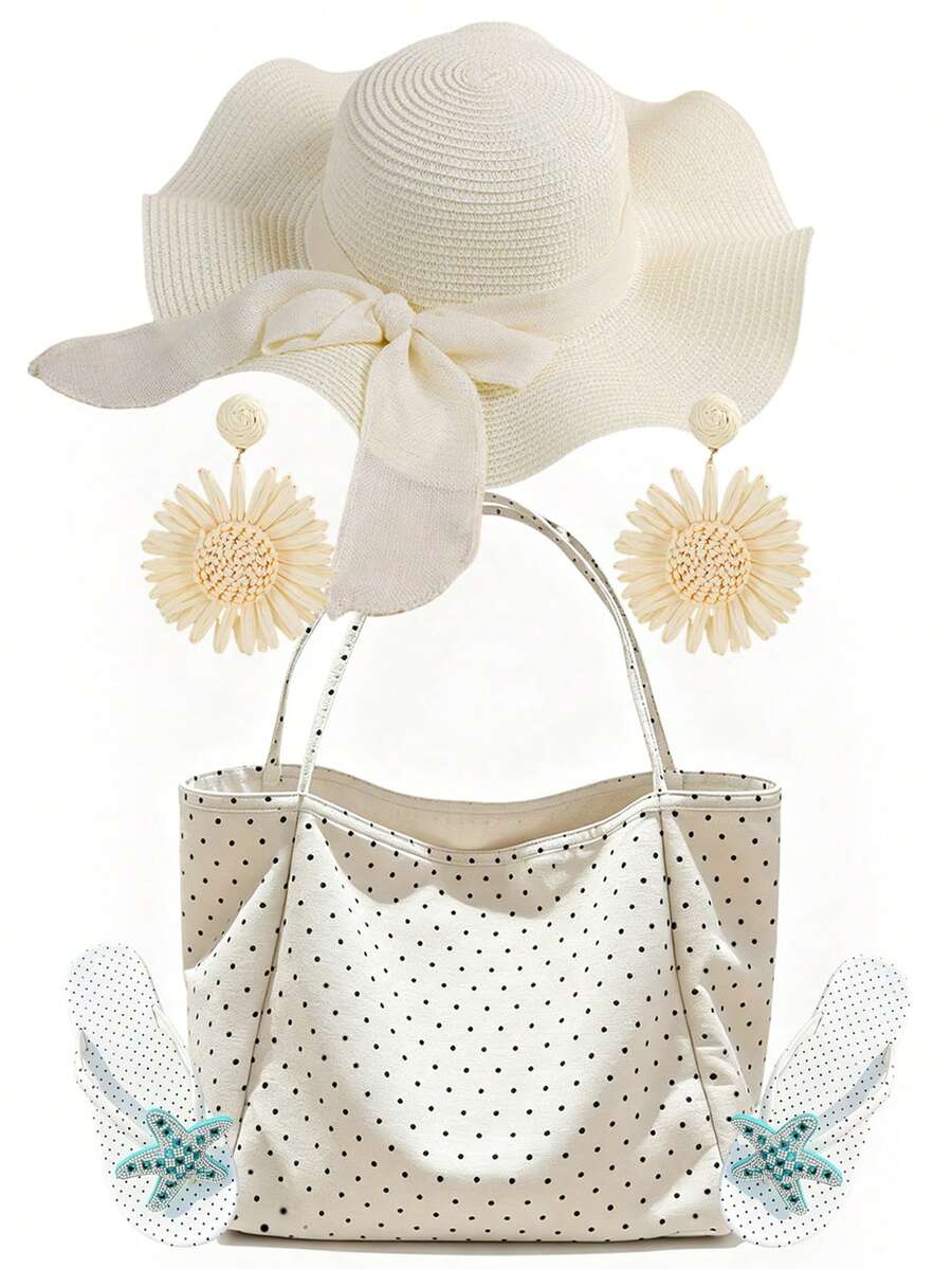 Large Capacity Polka Dot Women's Tote Bag Set, Wavy Bow Large Brim Straw Hat, Summer Sun Protection, Bohemian Style Woven Flower Earrings, Polka Dot Thick Sole Anti-Slip Flip Flops, Sparkling Starfish