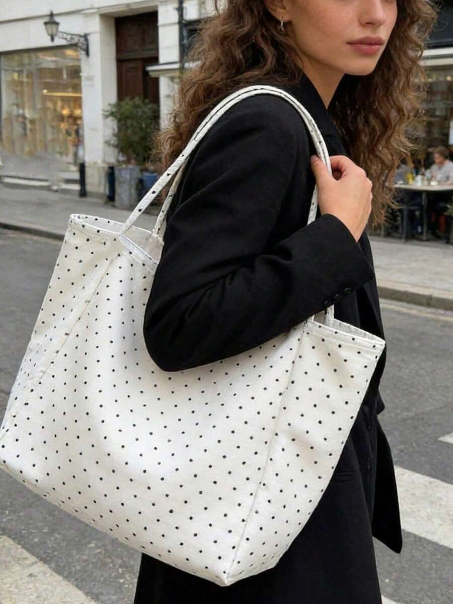 Large Capacity Polka Dot Women's Tote Bag Set, Wavy Bow Large Brim Straw Hat, Summer Sun Protection, Bohemian Style Woven Flower Earrings, Polka Dot Thick Sole Anti-Slip Flip Flops, Sparkling Starfish