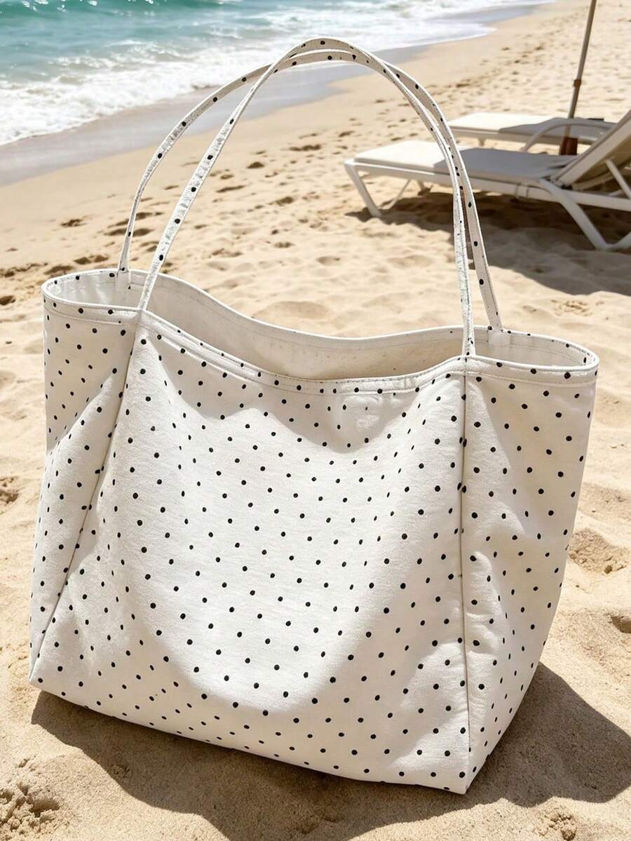 Large Capacity Polka Dot Women's Tote Bag Set, Wavy Bow Large Brim Straw Hat, Summer Sun Protection, Bohemian Style Woven Flower Earrings, Polka Dot Thick Sole Anti-Slip Flip Flops, Sparkling Starfish