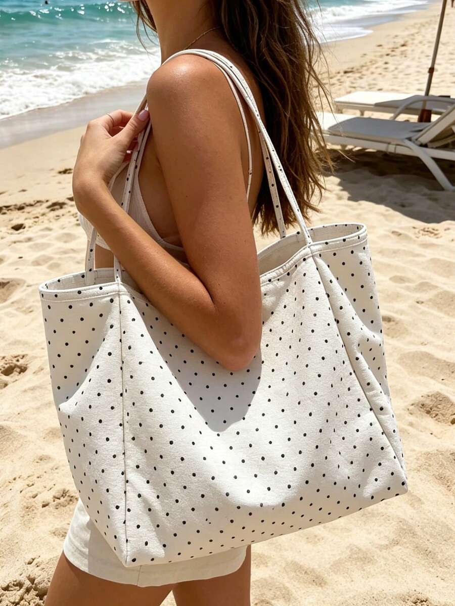 Large Capacity Polka Dot Women's Tote Bag Set, Wavy Bow Large Brim Straw Hat, Summer Sun Protection, Bohemian Style Woven Flower Earrings, Polka Dot Thick Sole Anti-Slip Flip Flops, Sparkling Starfish